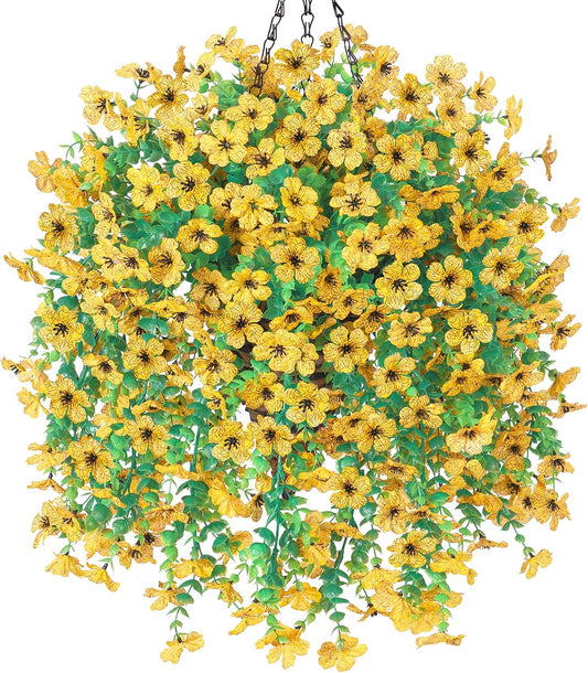 Artificial Hanging Flowers Basket for Outdoor, Fake Flowers Faux Plants Look Real for Yard Gardens Porch Patio Home (Yellow)