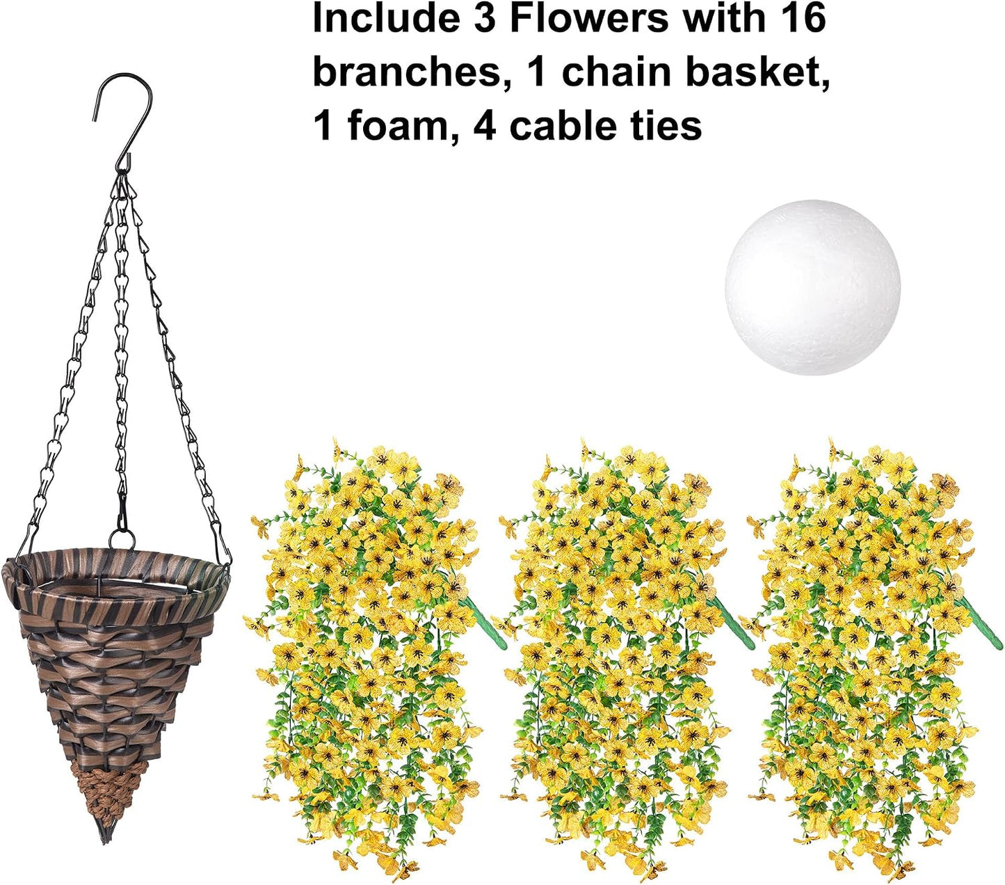 Artificial Hanging Flowers Basket for Outdoor, Fake Flowers Faux Plants Look Real for Yard Gardens Porch Patio Home (Yellow)