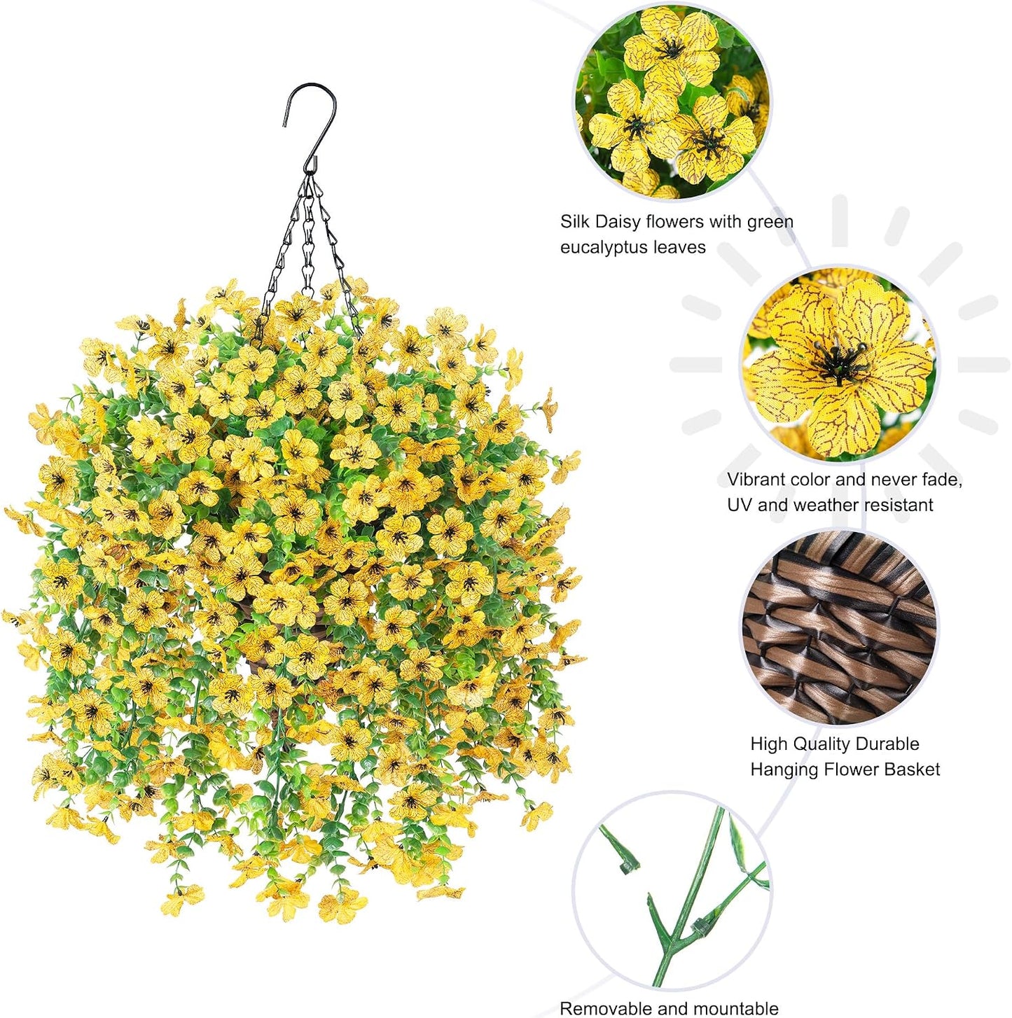 Artificial Hanging Flowers Basket for Outdoor, Fake Flowers Faux Plants Look Real for Yard Gardens Porch Patio Home (Yellow)