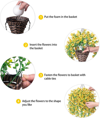 Artificial Hanging Flowers Basket for Outdoor, Fake Flowers Faux Plants Look Real for Yard Gardens Porch Patio Home (Yellow)