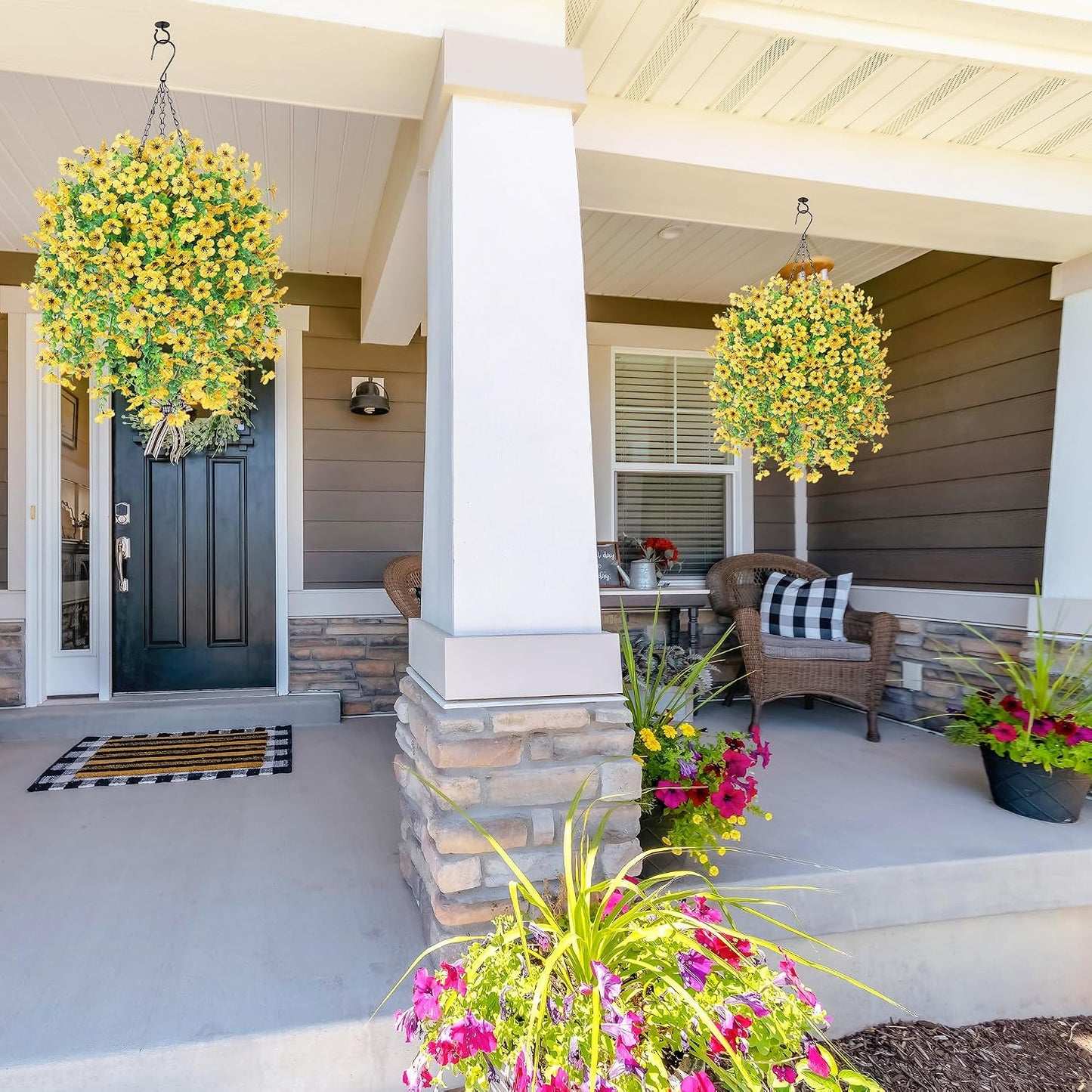 Artificial Hanging Flowers Basket for Outdoor, Fake Flowers Faux Plants Look Real for Yard Gardens Porch Patio Home (Yellow)