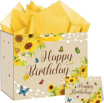 Large Sunflower Birthday Gift Bag, Yellow Happy Birthday Gift Bag with Card and Tissue Paper, Sunflower Bday Party Decorations for Women, Girls, Sunshine Bridal Shower Party Supplies