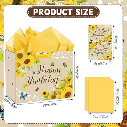 Large Sunflower Birthday Gift Bag, Yellow Happy Birthday Gift Bag with Card and Tissue Paper, Sunflower Bday Party Decorations for Women, Girls, Sunshine Bridal Shower Party Supplies