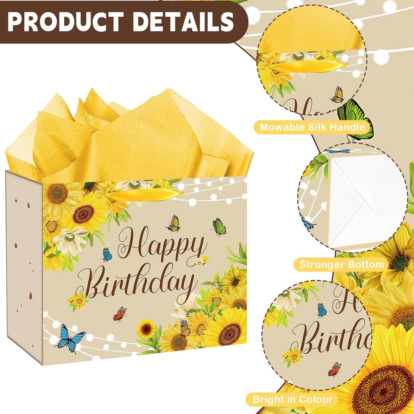 Large Sunflower Birthday Gift Bag, Yellow Happy Birthday Gift Bag with Card and Tissue Paper, Sunflower Bday Party Decorations for Women, Girls, Sunshine Bridal Shower Party Supplies