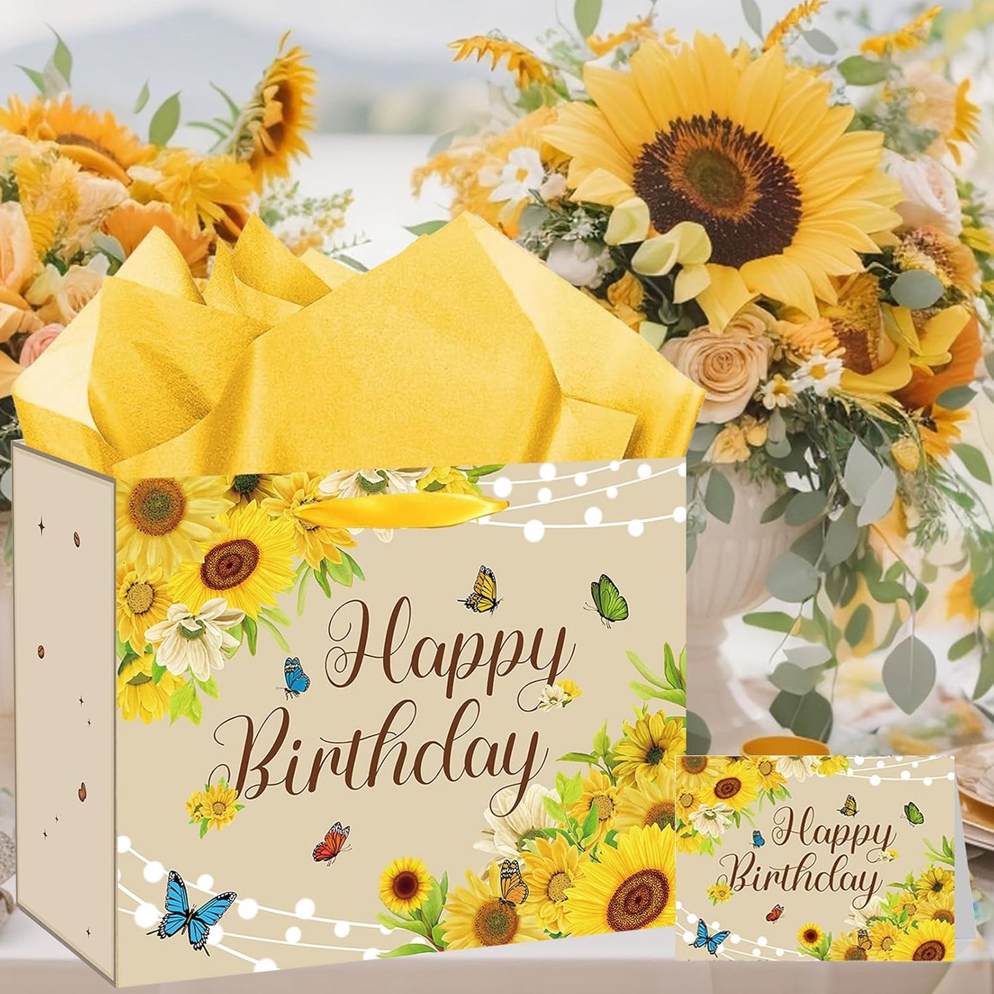 Large Sunflower Birthday Gift Bag, Yellow Happy Birthday Gift Bag with Card and Tissue Paper, Sunflower Bday Party Decorations for Women, Girls, Sunshine Bridal Shower Party Supplies