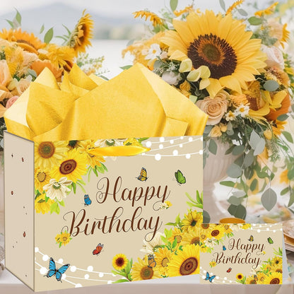 Large Sunflower Birthday Gift Bag, Yellow Happy Birthday Gift Bag with Card and Tissue Paper, Sunflower Bday Party Decorations for Women, Girls, Sunshine Bridal Shower Party Supplies