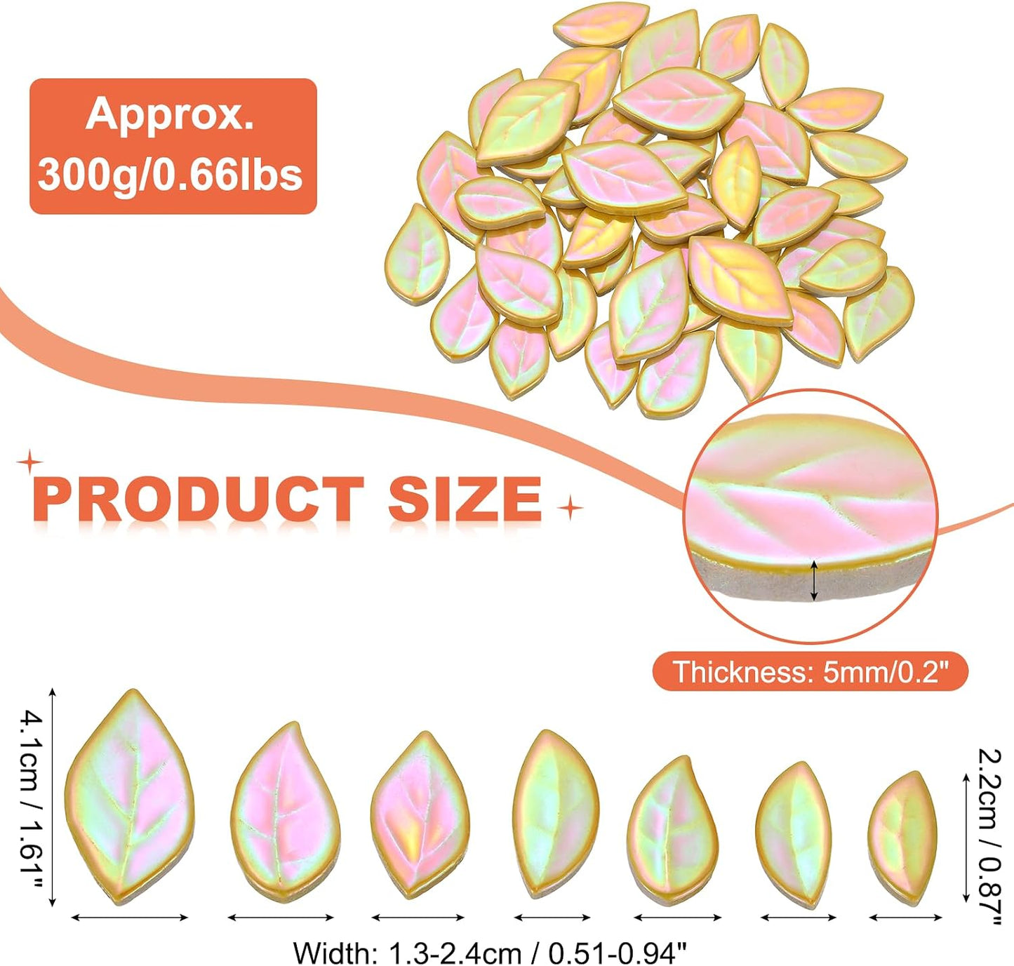 300g/0.66LB Leaves Ceramic Mosaic Tiles for Craft Bulk, Making Creative Multi Size Mosaic Ceramic Pieces Supplies for Home Art Crafts DIY Vase Decoration, Iridescent Yellow