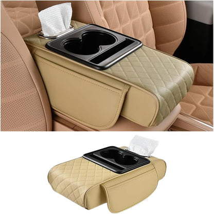 Car Center Console Pillow, 4 in 1 Memory Foam Leather Automotive Arm Box Pad Cover with Side Storage Bag Cup Phone Holder, Vehicle Tissue Box Armrest Cushion, Universal Fit (Beige Yellow)