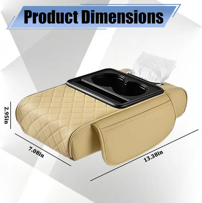 Car Center Console Pillow, 4 in 1 Memory Foam Leather Automotive Arm Box Pad Cover with Side Storage Bag Cup Phone Holder, Vehicle Tissue Box Armrest Cushion, Universal Fit (Beige Yellow)