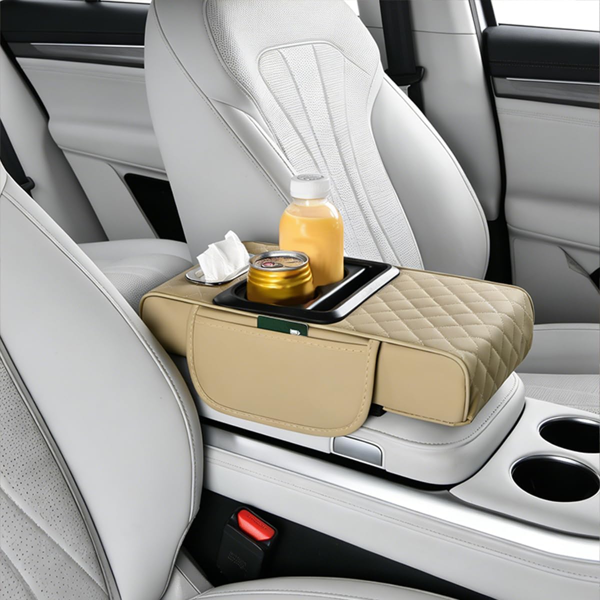 Car Center Console Pillow, 4 in 1 Memory Foam Leather Automotive Arm Box Pad Cover with Side Storage Bag Cup Phone Holder, Vehicle Tissue Box Armrest Cushion, Universal Fit (Beige Yellow)