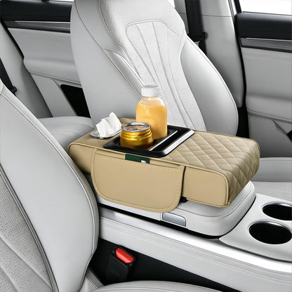 Car Center Console Pillow, 4 in 1 Memory Foam Leather Automotive Arm Box Pad Cover with Side Storage Bag Cup Phone Holder, Vehicle Tissue Box Armrest Cushion, Universal Fit (Beige Yellow)