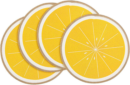 Round Lemon Yellow Placemats Set of 4 Braided 15" Indoor/Outdoor Use | Embroidery Motif Heat Resistant Non-Slip Washable,for Kitchen Dining Tables Dinner Parties holiday and Everyday Use