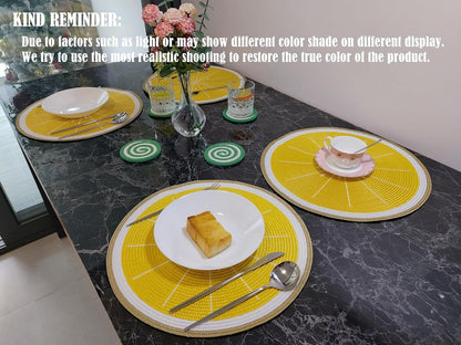 Round Lemon Yellow Placemats Set of 4 Braided 15" Indoor/Outdoor Use | Embroidery Motif Heat Resistant Non-Slip Washable,for Kitchen Dining Tables Dinner Parties holiday and Everyday Use
