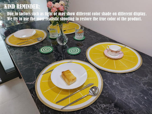 Round Lemon Yellow Placemats Set of 4 Braided 15" Indoor/Outdoor Use | Embroidery Motif Heat Resistant Non-Slip Washable,for Kitchen Dining Tables Dinner Parties holiday and Everyday Use