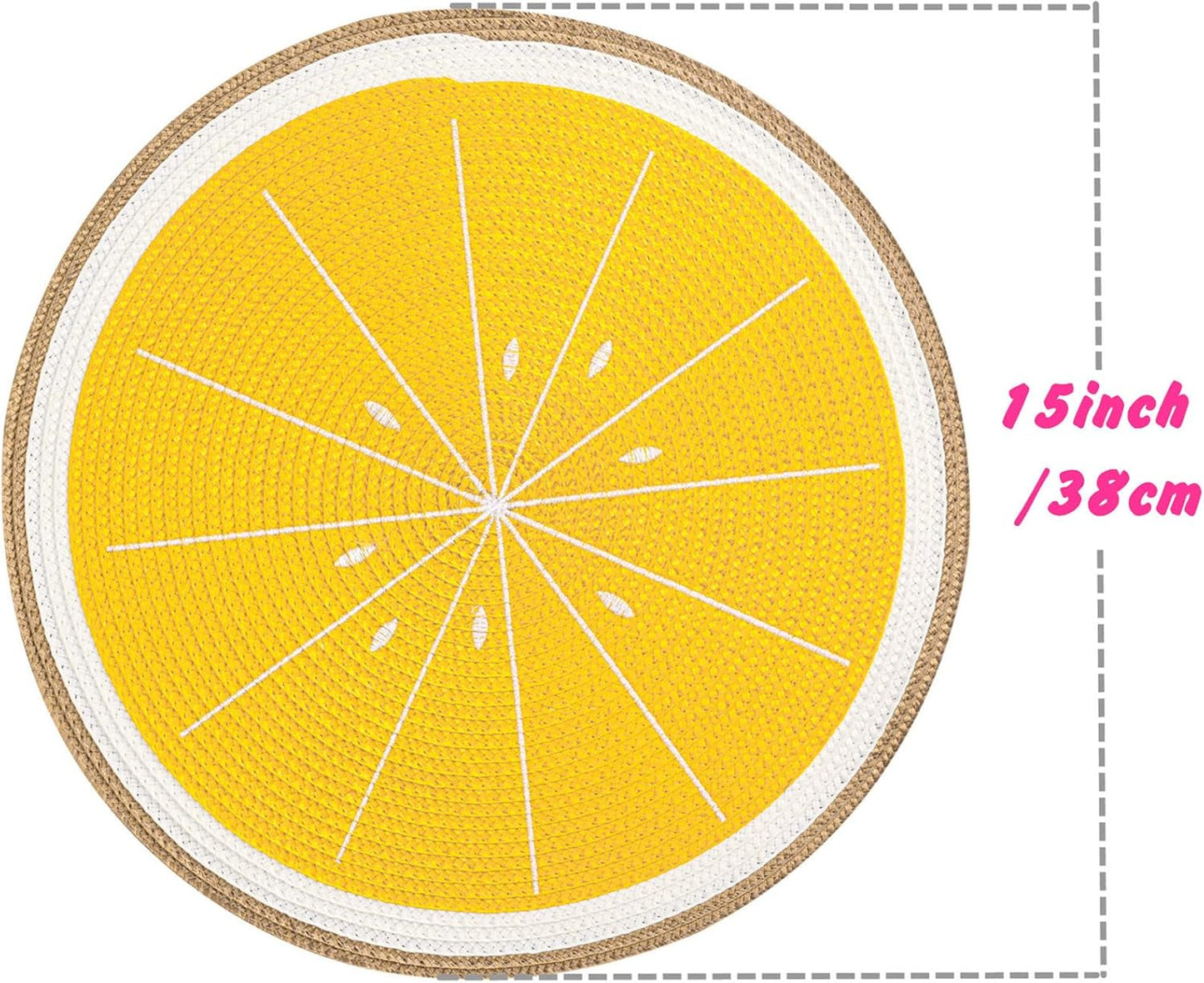 Round Lemon Yellow Placemats Set of 4 Braided 15" Indoor/Outdoor Use | Embroidery Motif Heat Resistant Non-Slip Washable,for Kitchen Dining Tables Dinner Parties holiday and Everyday Use