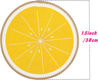 Round Lemon Yellow Placemats Set of 4 Braided 15" Indoor/Outdoor Use | Embroidery Motif Heat Resistant Non-Slip Washable,for Kitchen Dining Tables Dinner Parties holiday and Everyday Use