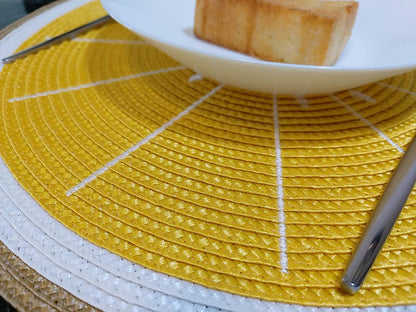 Round Lemon Yellow Placemats Set of 4 Braided 15" Indoor/Outdoor Use | Embroidery Motif Heat Resistant Non-Slip Washable,for Kitchen Dining Tables Dinner Parties holiday and Everyday Use