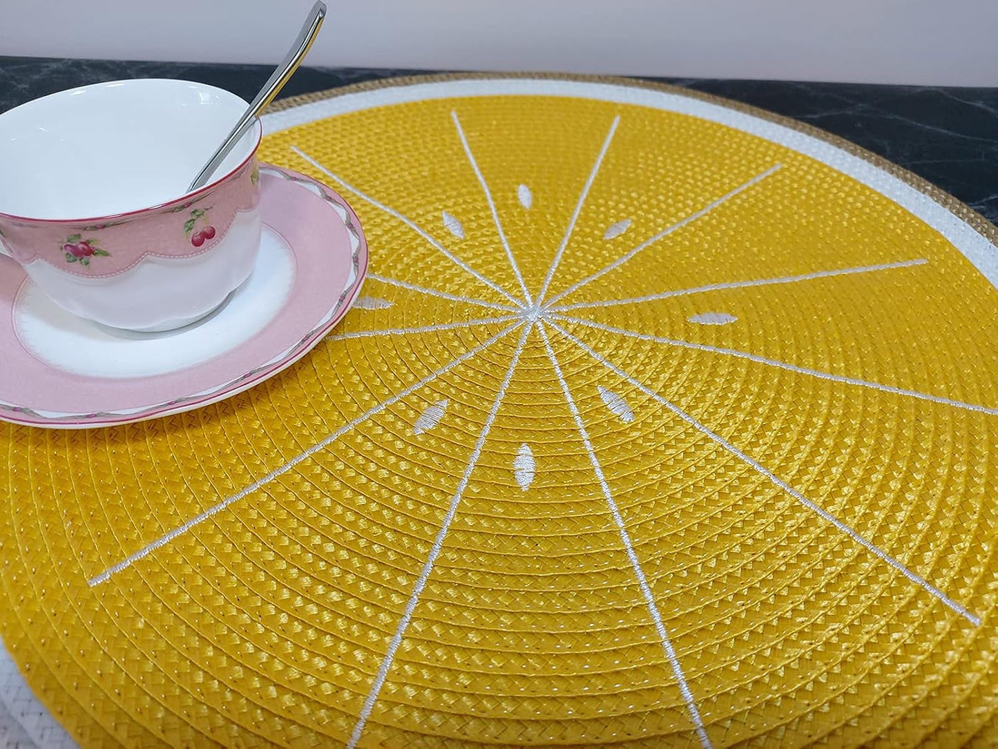 Round Lemon Yellow Placemats Set of 4 Braided 15" Indoor/Outdoor Use | Embroidery Motif Heat Resistant Non-Slip Washable,for Kitchen Dining Tables Dinner Parties holiday and Everyday Use