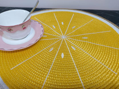 Round Lemon Yellow Placemats Set of 4 Braided 15" Indoor/Outdoor Use | Embroidery Motif Heat Resistant Non-Slip Washable,for Kitchen Dining Tables Dinner Parties holiday and Everyday Use