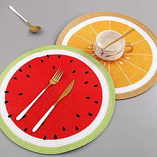 Round Lemon Yellow Placemats Set of 4 Braided 15" Indoor/Outdoor Use | Embroidery Motif Heat Resistant Non-Slip Washable,for Kitchen Dining Tables Dinner Parties holiday and Everyday Use