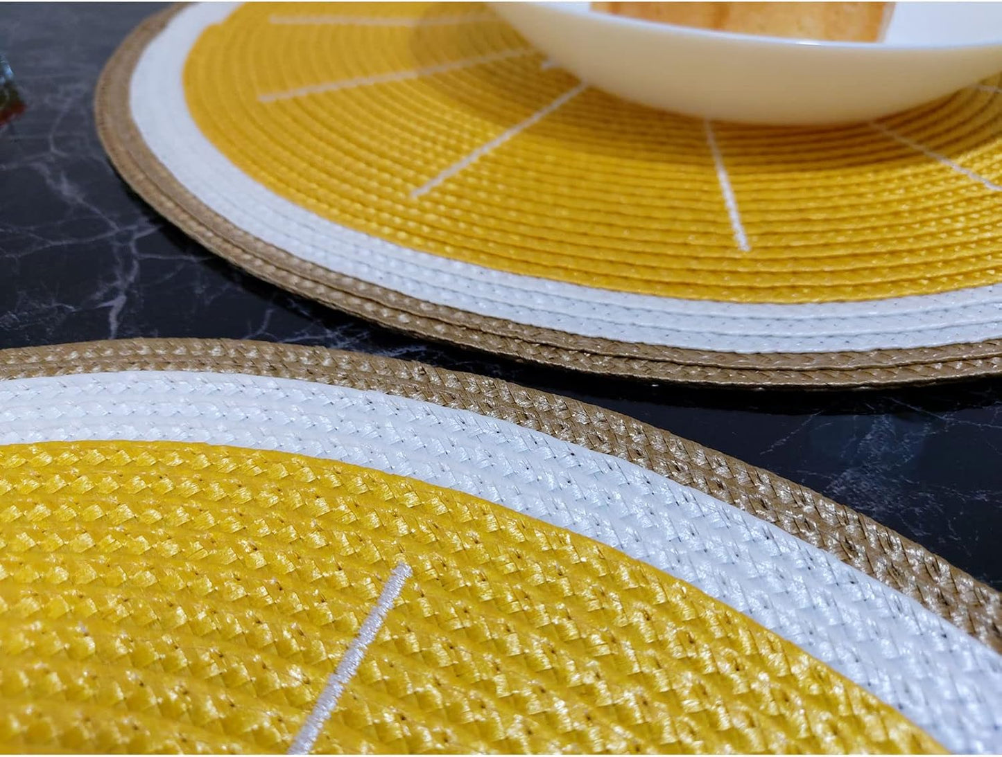 Round Lemon Yellow Placemats Set of 4 Braided 15" Indoor/Outdoor Use | Embroidery Motif Heat Resistant Non-Slip Washable,for Kitchen Dining Tables Dinner Parties holiday and Everyday Use