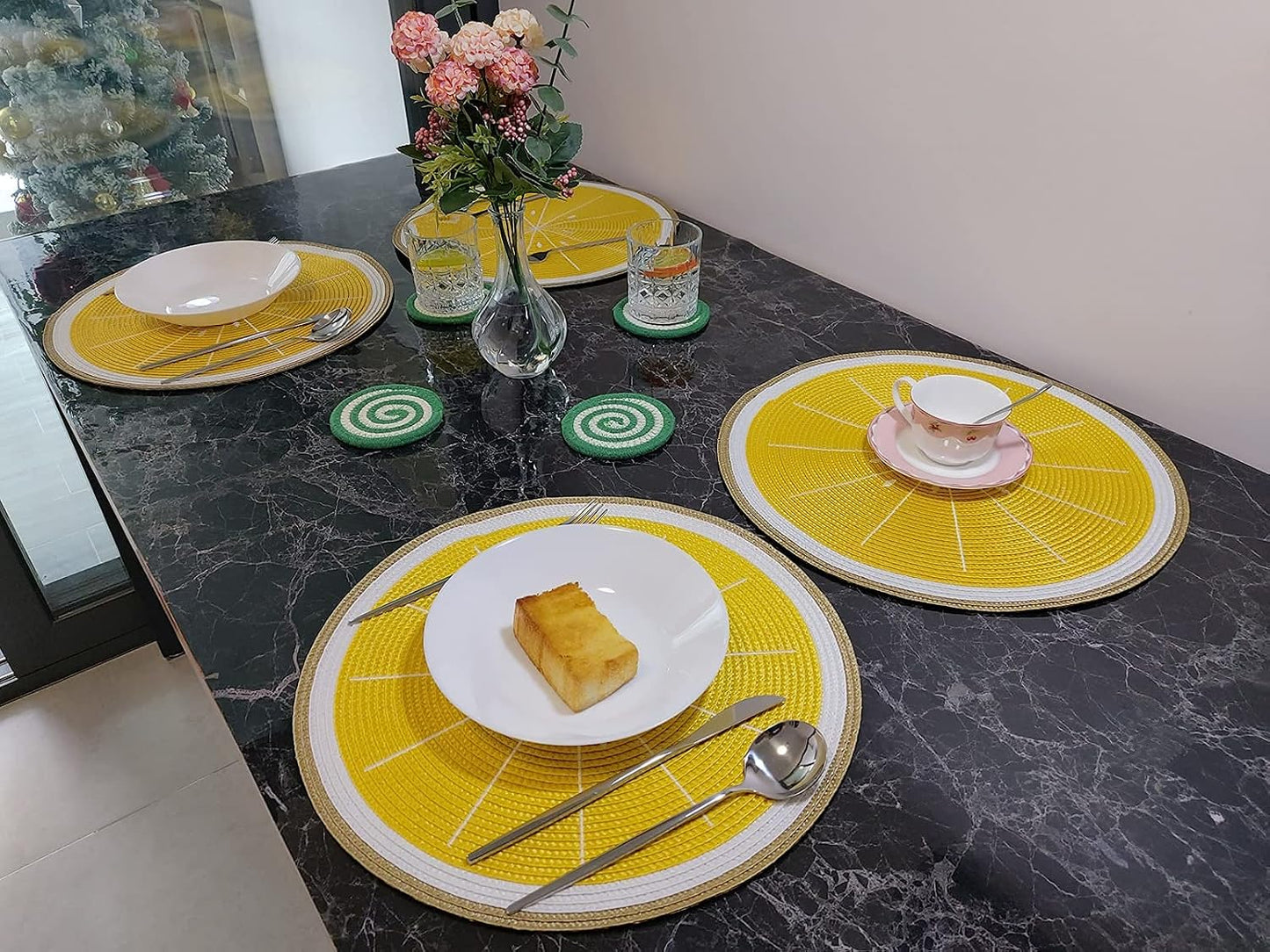 Round Lemon Yellow Placemats Set of 4 Braided 15" Indoor/Outdoor Use | Embroidery Motif Heat Resistant Non-Slip Washable,for Kitchen Dining Tables Dinner Parties holiday and Everyday Use