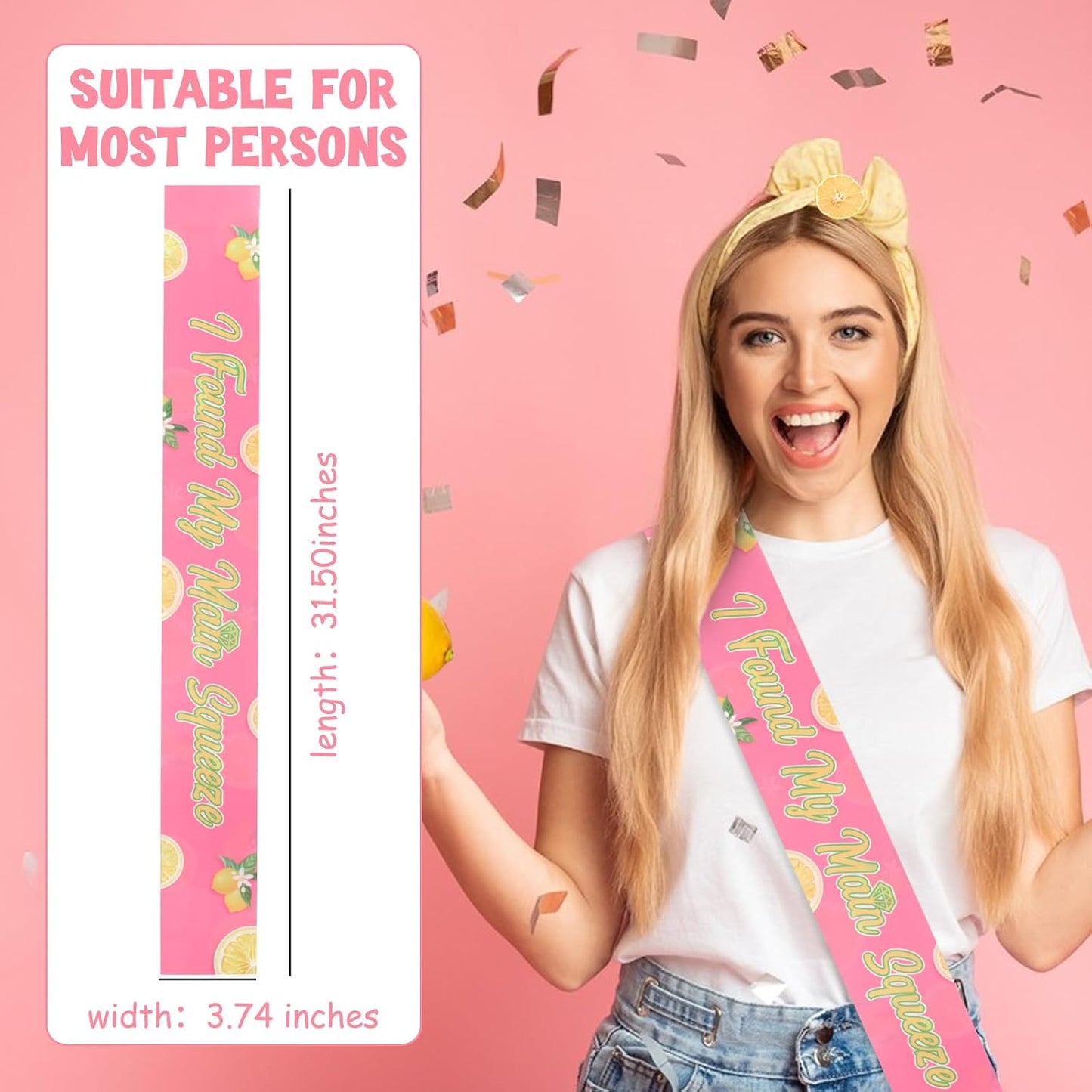 I Found My Main Squeeze Sash, Lemon Bridal Shower Decoration Yellow and Pink Lemon Bachelorette Sash for Women Bachelorette Bridal Shower Engagement Wedding Party