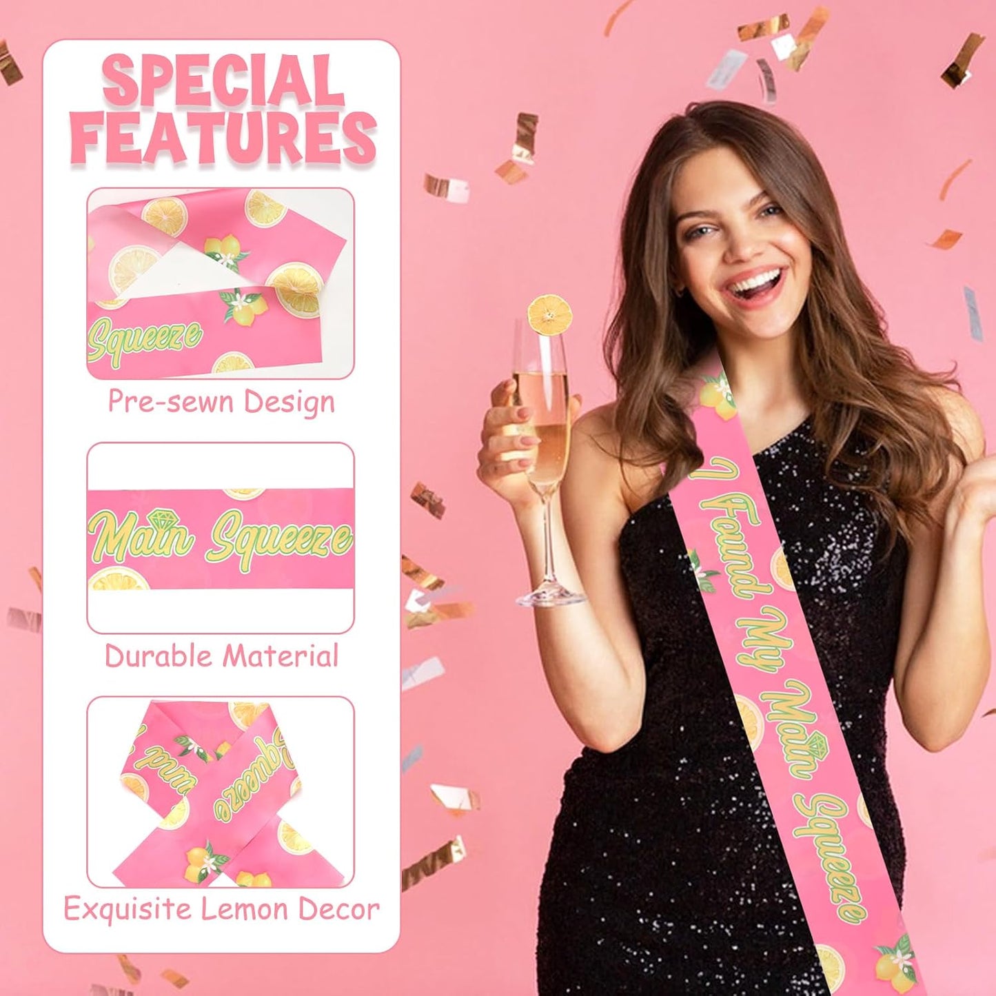 I Found My Main Squeeze Sash, Lemon Bridal Shower Decoration Yellow and Pink Lemon Bachelorette Sash for Women Bachelorette Bridal Shower Engagement Wedding Party