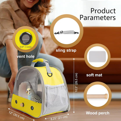 Bird Carrier, Portable Small Bird Parrot Parakeet Carrier with Standing Perch and Stainless Steel Tray, Side Access Window Collapsible (Yellow, Clear Windows)