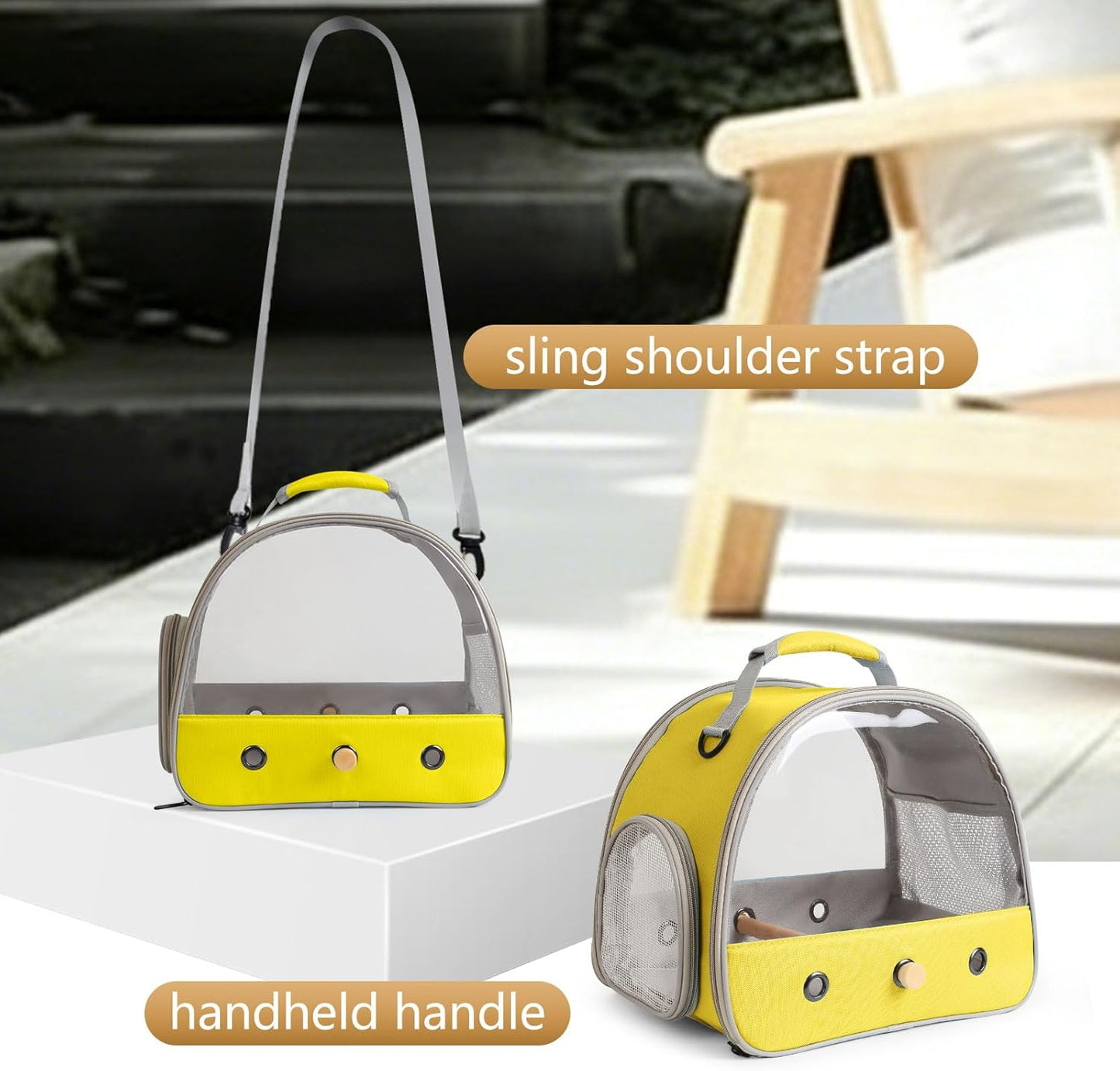 Bird Carrier, Portable Small Bird Parrot Parakeet Carrier with Standing Perch and Stainless Steel Tray, Side Access Window Collapsible (Yellow, Clear Windows)