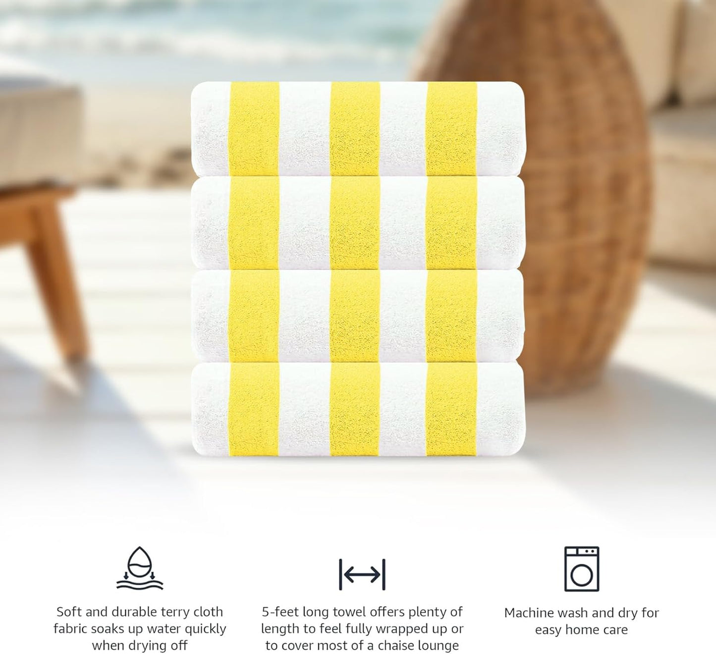 Cabana Beach Towel Designed in Denmark Rough and Tough, Quick Dry, Beach, Pool, Bath & Shower 30x60 inches 4 Pieces Cotton Beach Bath Towels Set - Lemon