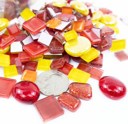 Mosaic Tiles, Bulk Glass Mosaic Pieces, Irregular Sparkling Tiles, Mosaic Kits for Glass Mosaic Tiles for Crafts DIY Art,Frames,Vases Filler,Aquarium Decor, 200g/7oz (Red&Yellow&Orange)