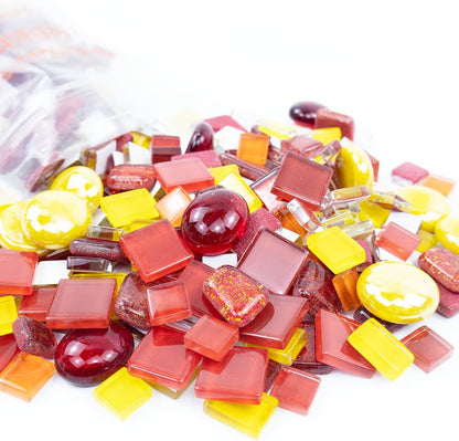 Mosaic Tiles, Bulk Glass Mosaic Pieces, Irregular Sparkling Tiles, Mosaic Kits for Glass Mosaic Tiles for Crafts DIY Art,Frames,Vases Filler,Aquarium Decor, 200g/7oz (Red&Yellow&Orange)