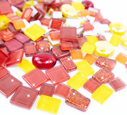 Mosaic Tiles, Bulk Glass Mosaic Pieces, Irregular Sparkling Tiles, Mosaic Kits for Glass Mosaic Tiles for Crafts DIY Art,Frames,Vases Filler,Aquarium Decor, 200g/7oz (Red&Yellow&Orange)