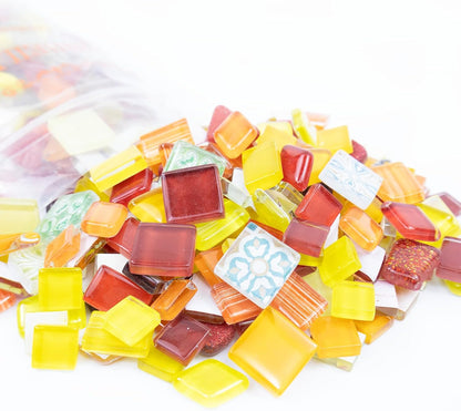 Mosaic Tiles, Bulk Glass Mosaic Pieces, Irregular Sparkling Tiles, Mosaic Kits for Glass Mosaic Tiles for Crafts DIY Art,Frames,Vases Filler,Aquarium Decor, 200g/7oz (Red&Yellow&Orange)