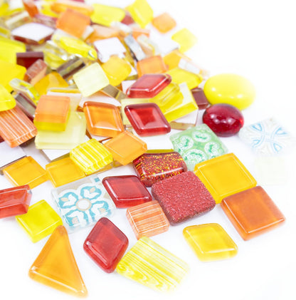 Mosaic Tiles, Bulk Glass Mosaic Pieces, Irregular Sparkling Tiles, Mosaic Kits for Glass Mosaic Tiles for Crafts DIY Art,Frames,Vases Filler,Aquarium Decor, 200g/7oz (Red&Yellow&Orange)