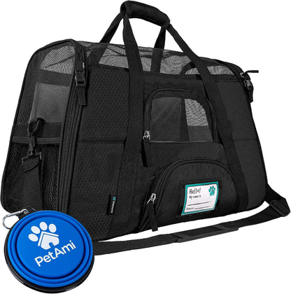 Airline Approved Pet Carrier for Cats & Small Dogs, Soft Sided TSA Travel Carrier Bag with Sherpa Bed, Breathable Mesh Ventilation, Collapsible Bowl, Up to 18 lbs, Small Heather Taupe