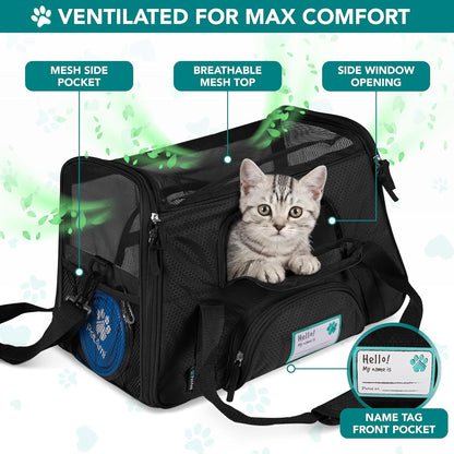 Airline Approved Pet Carrier for Cats & Small Dogs, Soft Sided TSA Travel Carrier Bag with Sherpa Bed, Breathable Mesh Ventilation, Collapsible Bowl, Up to 18 lbs, Small Heather Taupe