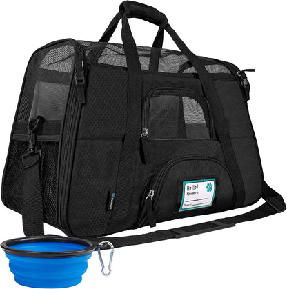 Airline Approved Pet Carrier for Cats & Small Dogs, Soft Sided TSA Travel Carrier Bag with Sherpa Bed, Breathable Mesh Ventilation, Collapsible Bowl, Up to 18 lbs, Small Heather Taupe