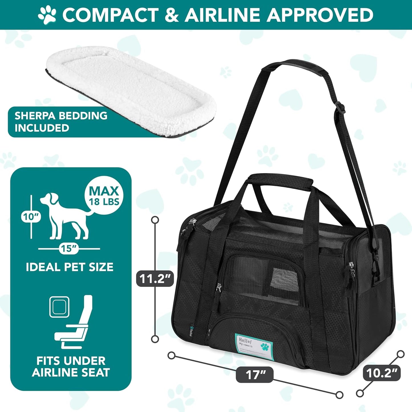Airline Approved Pet Carrier for Cats & Small Dogs, Soft Sided TSA Travel Carrier Bag with Sherpa Bed, Breathable Mesh Ventilation, Collapsible Bowl, Up to 18 lbs, Small Heather Taupe