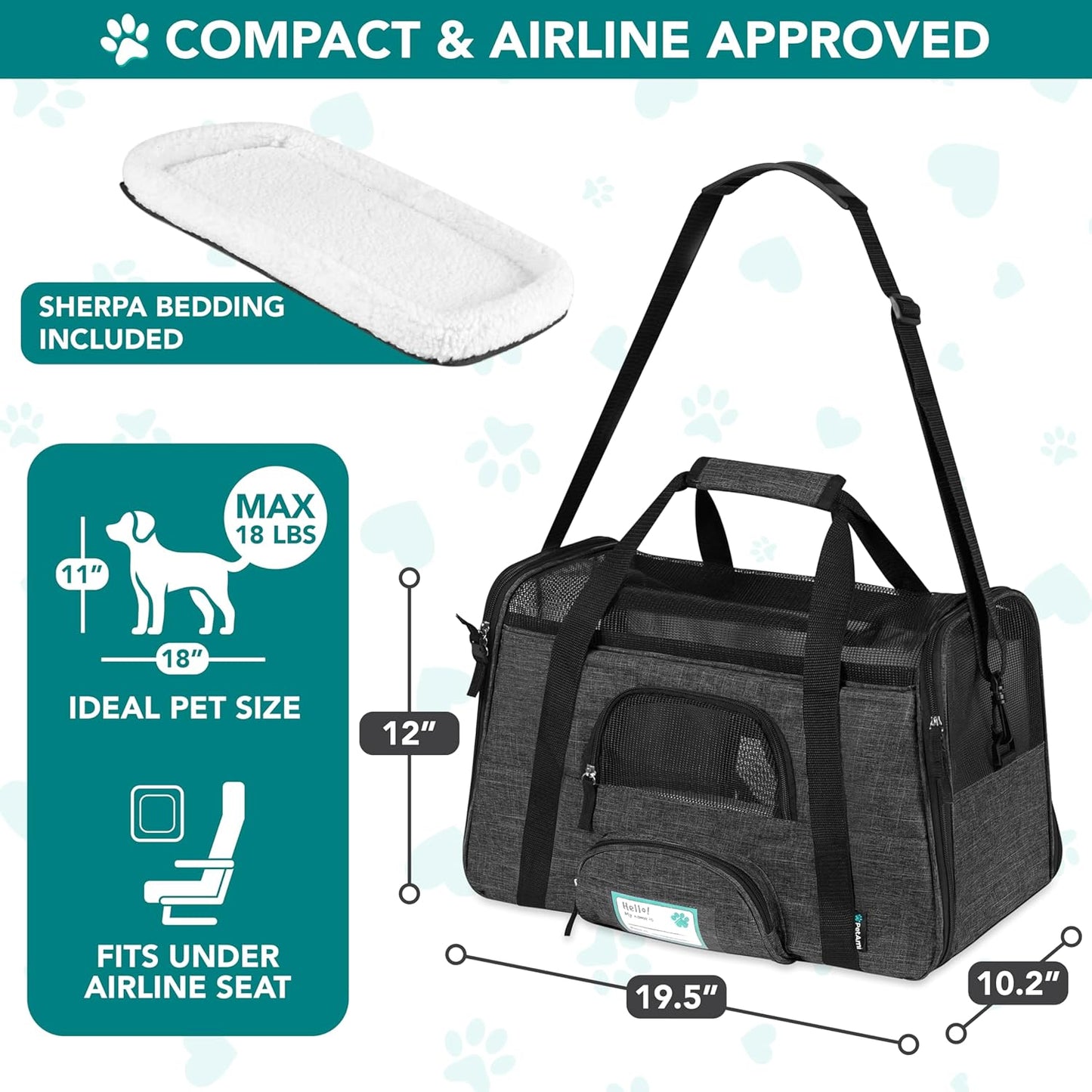 Airline Approved Pet Carrier for Cats & Small Dogs, Soft Sided TSA Travel Carrier Bag with Sherpa Bed, Breathable Mesh Ventilation, Collapsible Bowl, Up to 18 lbs, Small Heather Taupe
