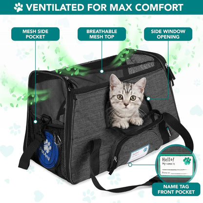 Airline Approved Pet Carrier for Cats & Small Dogs, Soft Sided TSA Travel Carrier Bag with Sherpa Bed, Breathable Mesh Ventilation, Collapsible Bowl, Up to 18 lbs, Small Heather Taupe