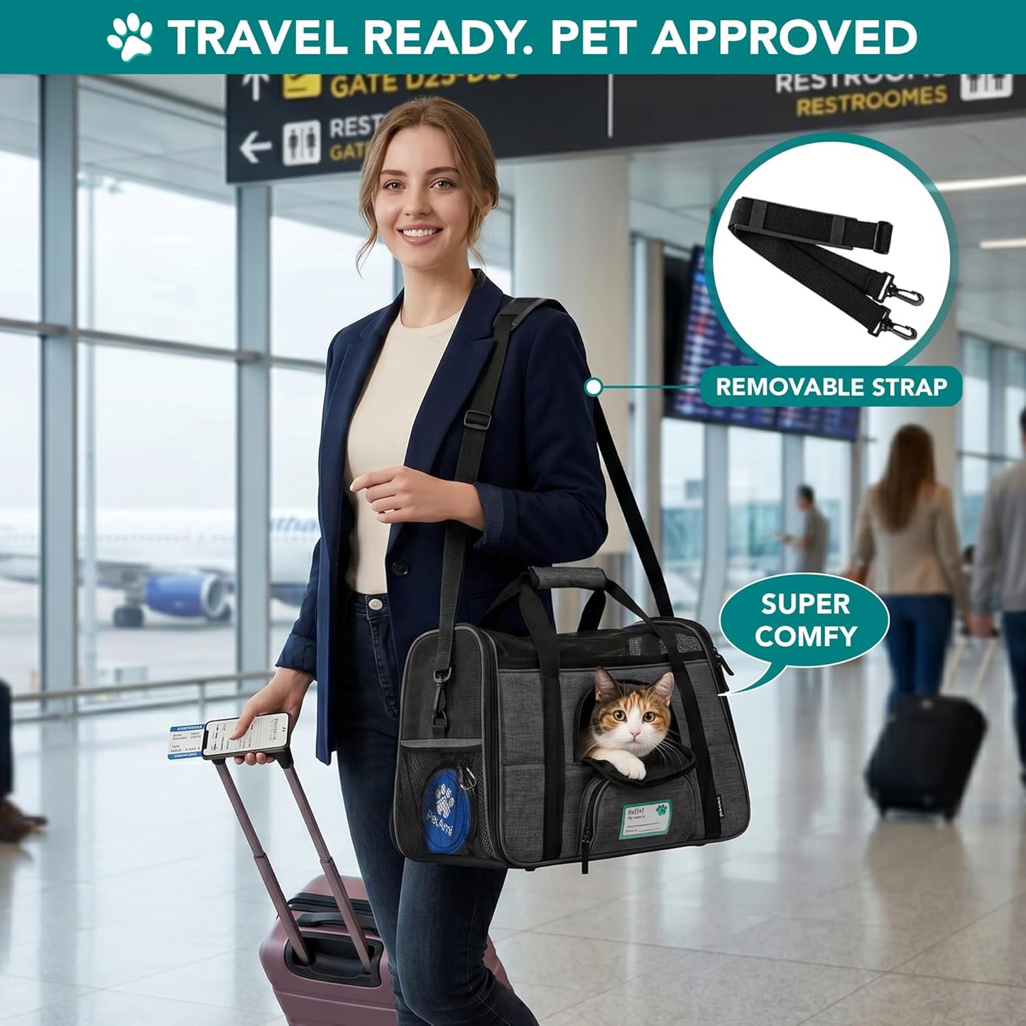 Airline Approved Pet Carrier for Cats & Small Dogs, Soft Sided TSA Travel Carrier Bag with Sherpa Bed, Breathable Mesh Ventilation, Collapsible Bowl, Up to 18 lbs, Small Heather Taupe