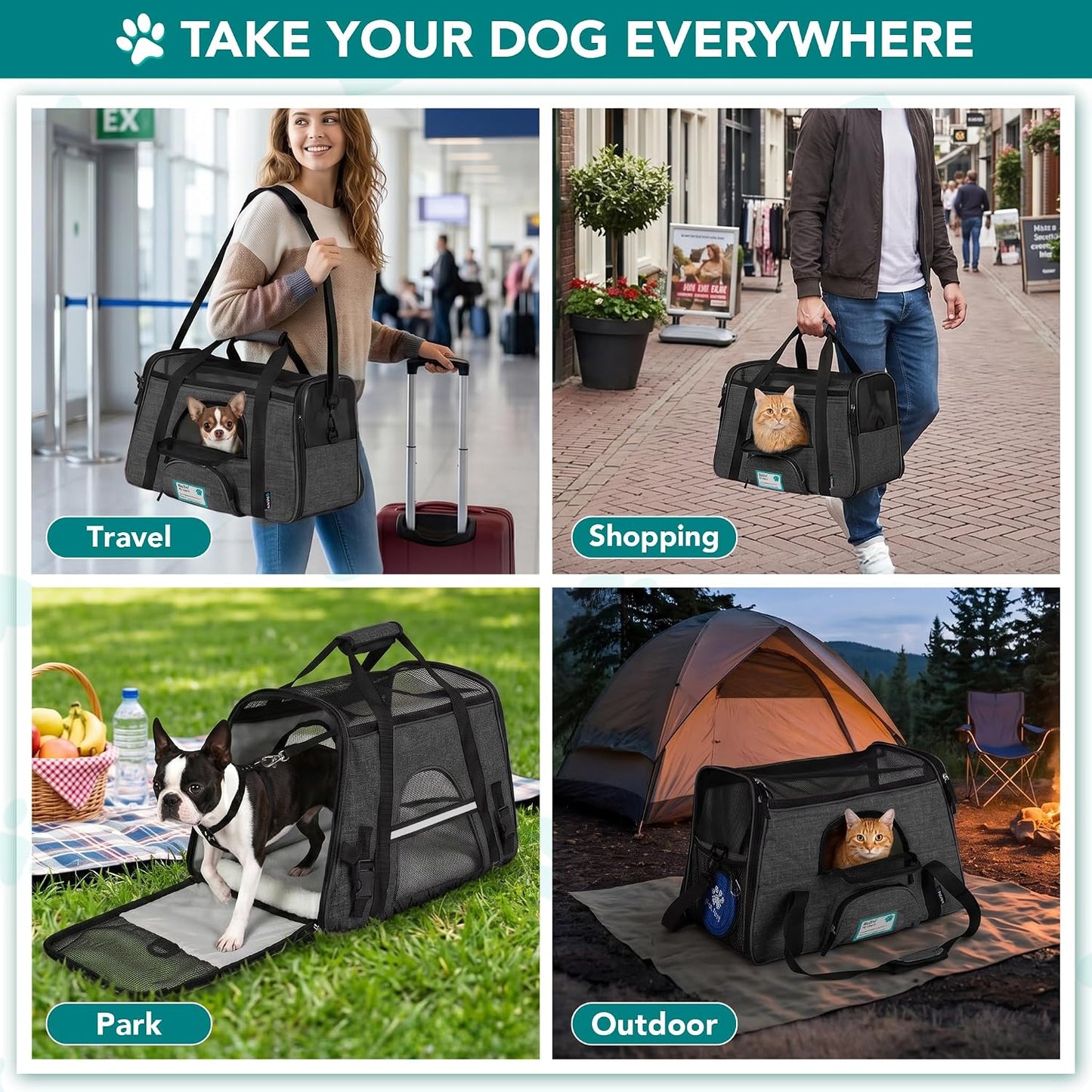 Airline Approved Pet Carrier for Cats & Small Dogs, Soft Sided TSA Travel Carrier Bag with Sherpa Bed, Breathable Mesh Ventilation, Collapsible Bowl, Up to 18 lbs, Small Heather Taupe