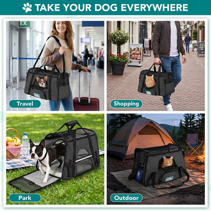 Airline Approved Pet Carrier for Cats & Small Dogs, Soft Sided TSA Travel Carrier Bag with Sherpa Bed, Breathable Mesh Ventilation, Collapsible Bowl, Up to 18 lbs, Small Heather Taupe