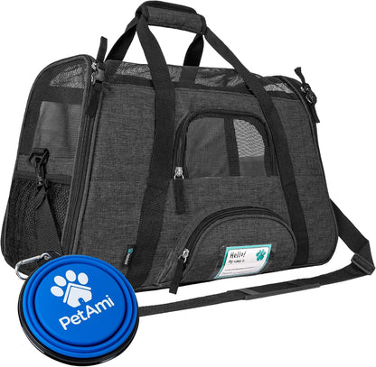 Airline Approved Pet Carrier for Cats & Small Dogs, Soft Sided TSA Travel Carrier Bag with Sherpa Bed, Breathable Mesh Ventilation, Collapsible Bowl, Up to 18 lbs, Small Heather Taupe