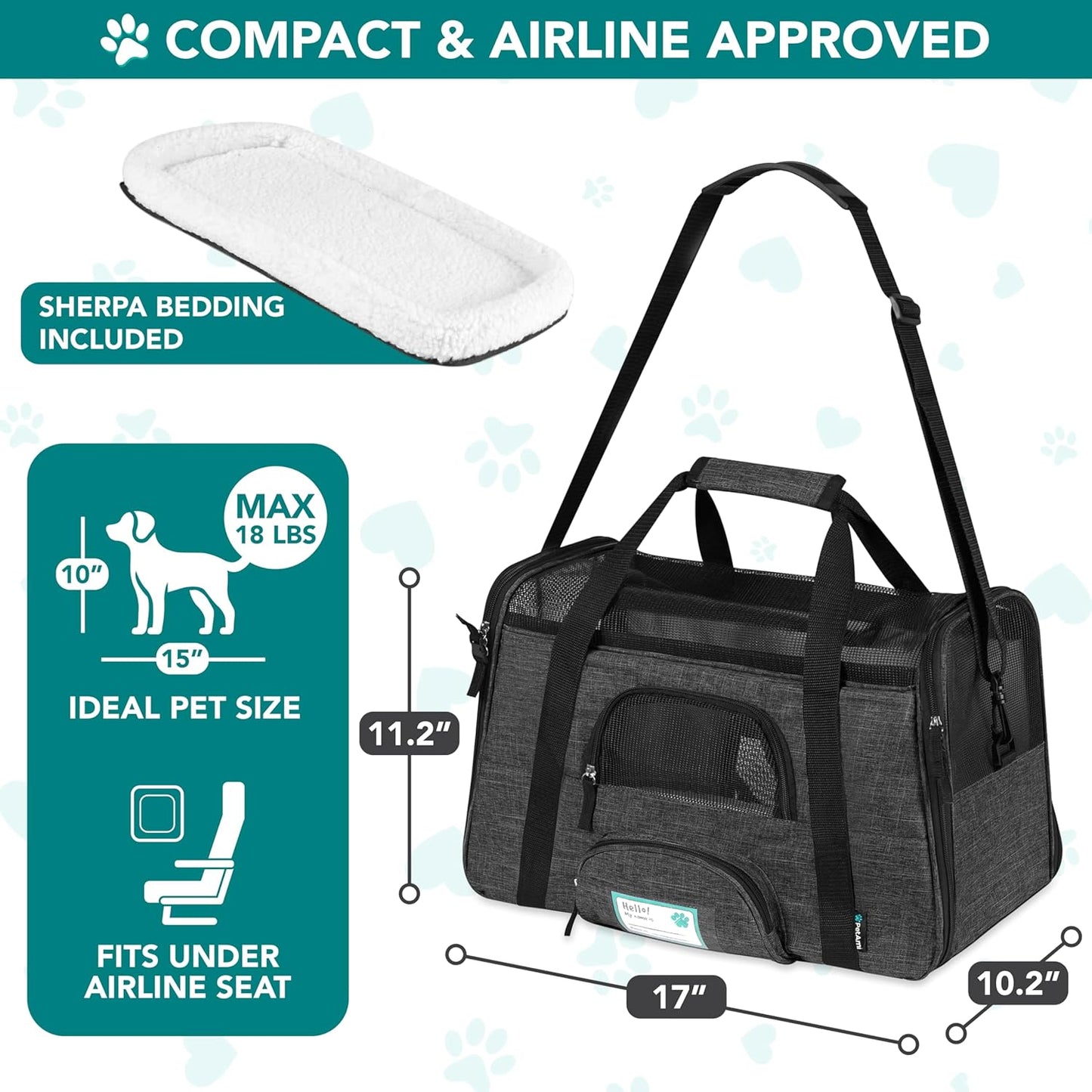 Airline Approved Pet Carrier for Cats & Small Dogs, Soft Sided TSA Travel Carrier Bag with Sherpa Bed, Breathable Mesh Ventilation, Collapsible Bowl, Up to 18 lbs, Small Heather Taupe