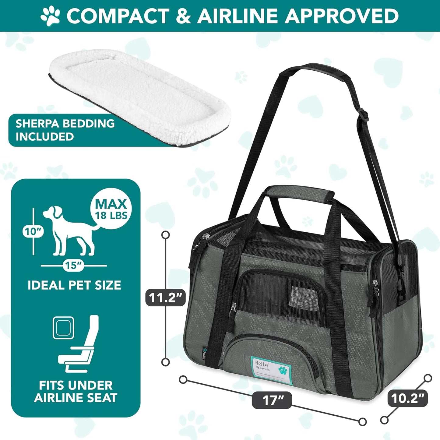 Airline Approved Pet Carrier for Cats & Small Dogs, Soft Sided TSA Travel Carrier Bag with Sherpa Bed, Breathable Mesh Ventilation, Collapsible Bowl, Up to 18 lbs, Small Heather Taupe