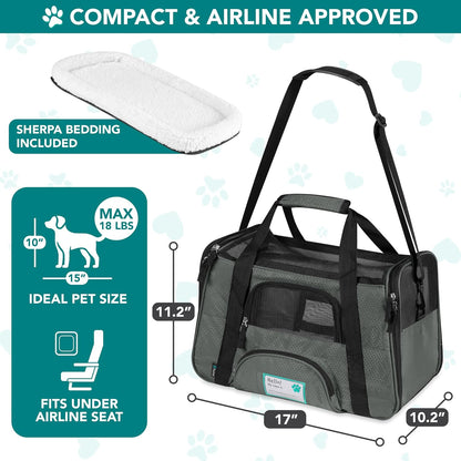 Airline Approved Pet Carrier for Cats & Small Dogs, Soft Sided TSA Travel Carrier Bag with Sherpa Bed, Breathable Mesh Ventilation, Collapsible Bowl, Up to 18 lbs, Small Heather Taupe