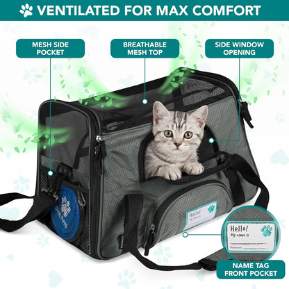 Airline Approved Pet Carrier for Cats & Small Dogs, Soft Sided TSA Travel Carrier Bag with Sherpa Bed, Breathable Mesh Ventilation, Collapsible Bowl, Up to 18 lbs, Small Heather Taupe